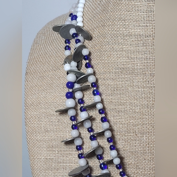 Otavalo 3 Strand Trade Bead Glass & 5 Centavo Coins Necklace Blue & White 24" - Picture 9 of 14